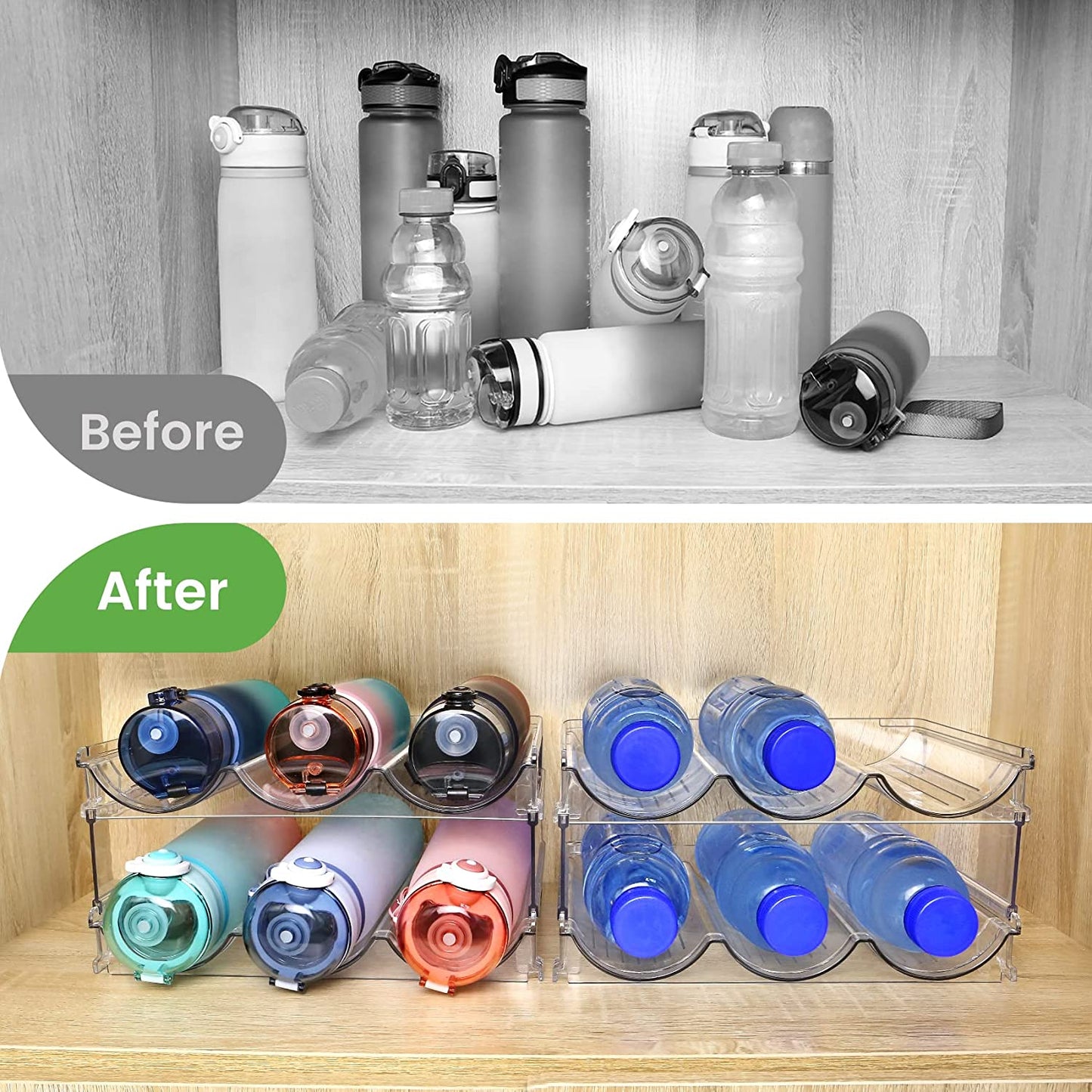Water Bottle Storage Organizer Set - Stackable Cabinet Racks for Efficient Water Bottle Management, 2-Pack