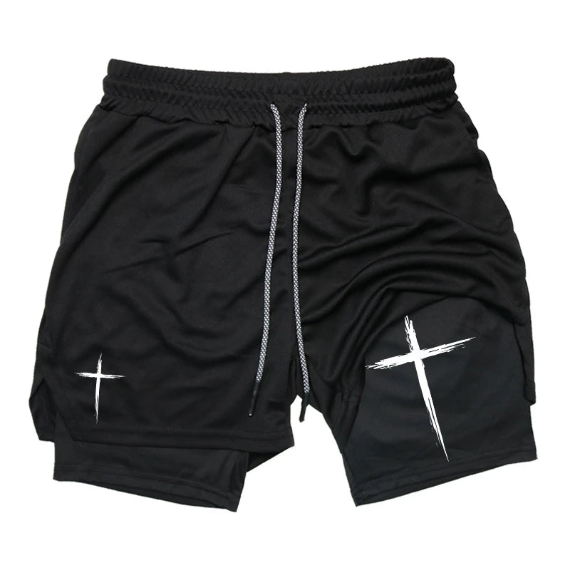 Men’s 2-in-1 Cross Print Performance Shorts – Quick-Dry with Phone Pocket