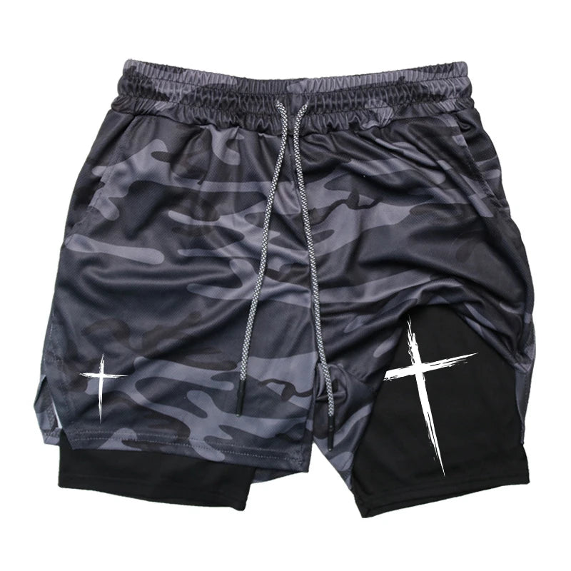 Men’s 2-in-1 Cross Print Performance Shorts – Quick-Dry with Phone Pocket