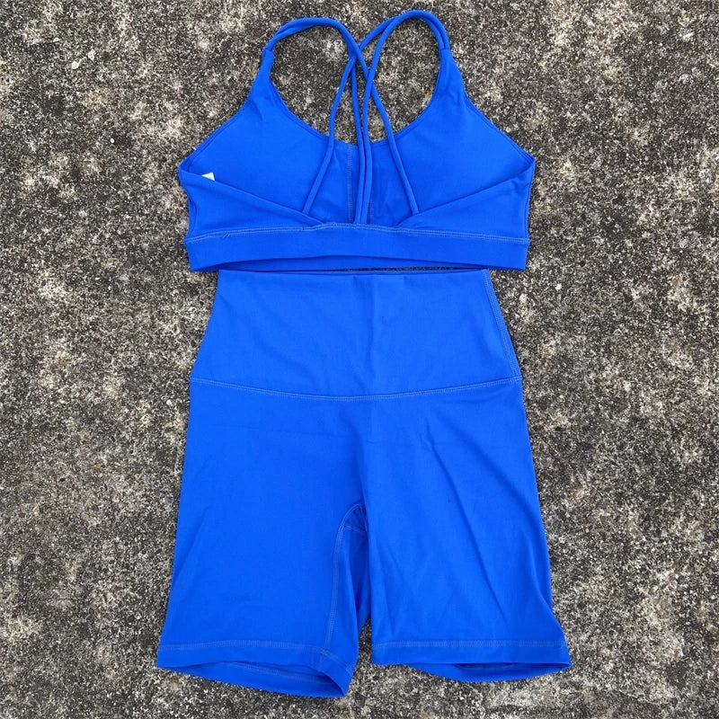 Solid Color Yoga & Gym Set – Cross Back Sports Bra with Short Leggings