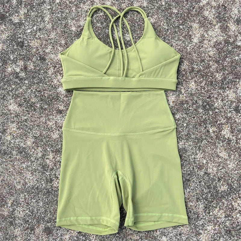 Solid Color Yoga & Gym Set – Cross Back Sports Bra with Short Leggings