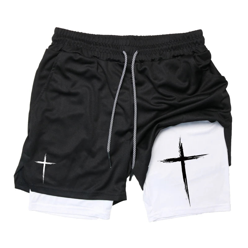 Men’s 2-in-1 Cross Print Performance Shorts – Quick-Dry with Phone Pocket