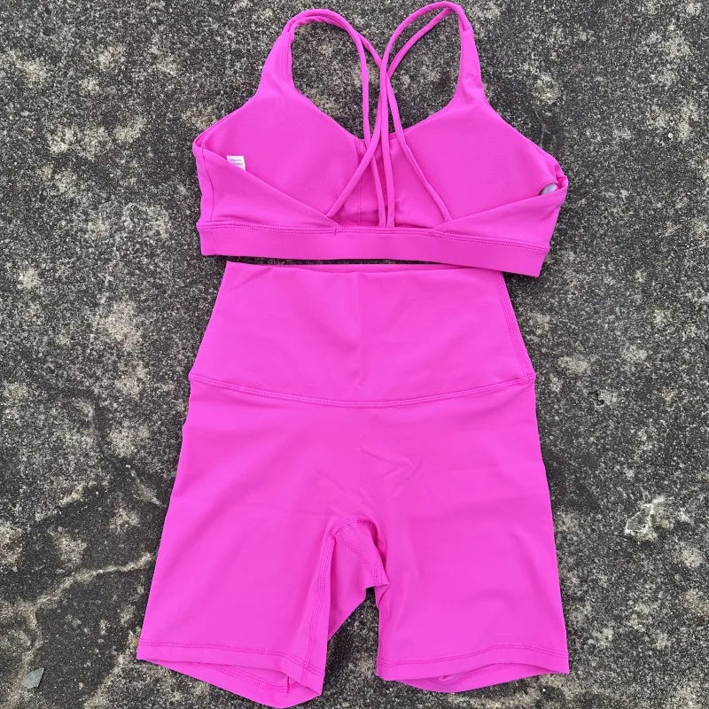 Solid Color Yoga & Gym Set – Cross Back Sports Bra with Short Leggings