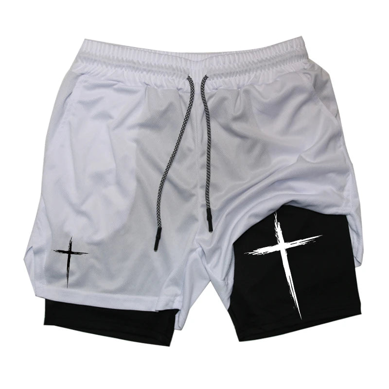 Men’s 2-in-1 Cross Print Performance Shorts – Quick-Dry with Phone Pocket
