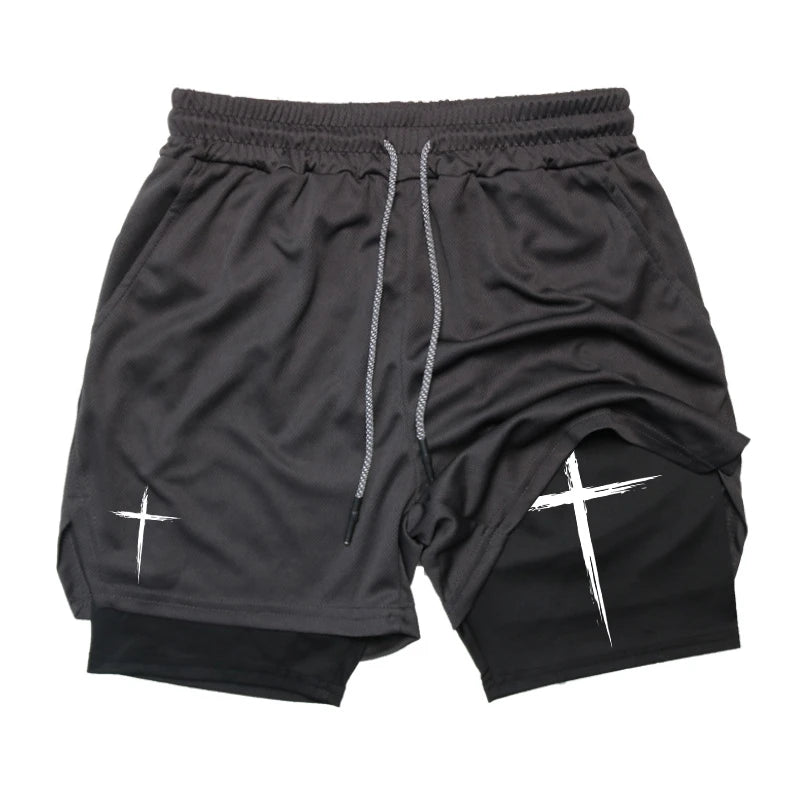 Men’s 2-in-1 Cross Print Performance Shorts – Quick-Dry with Phone Pocket