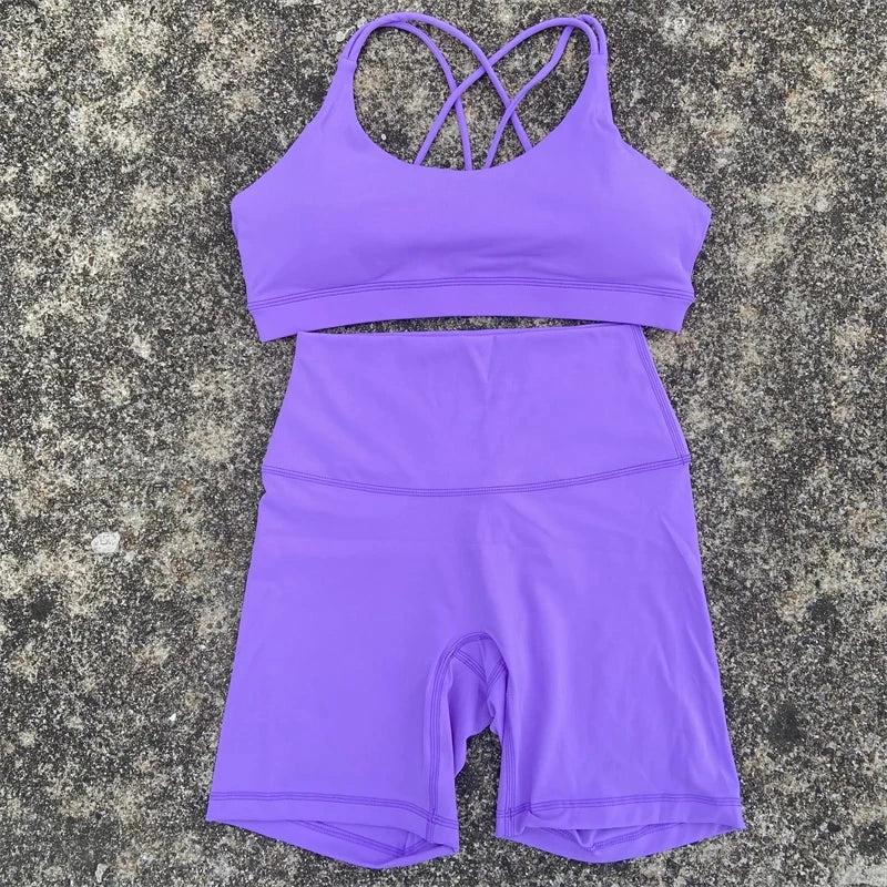 Solid Color Yoga & Gym Set – Cross Back Sports Bra with Short Leggings