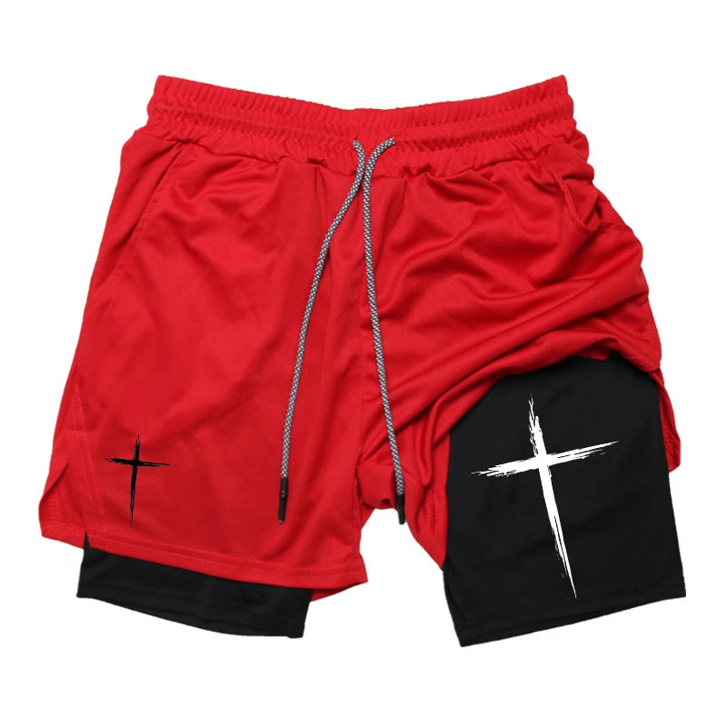 Men’s 2-in-1 Cross Print Performance Shorts – Quick-Dry with Phone Pocket