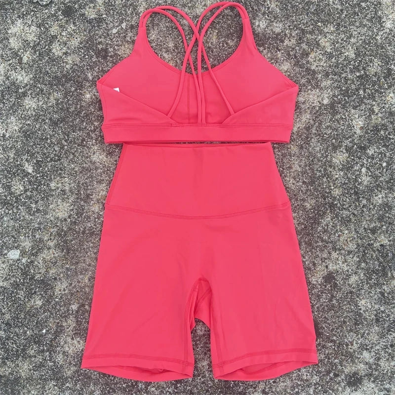 Solid Color Yoga & Gym Set – Cross Back Sports Bra with Short Leggings