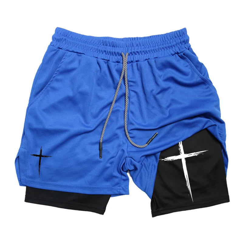 Men’s 2-in-1 Cross Print Performance Shorts – Quick-Dry with Phone Pocket