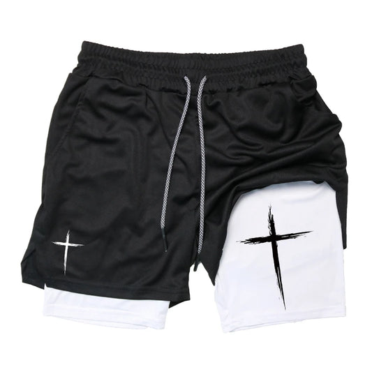 Men’s 2-in-1 Cross Print Performance Shorts – Quick-Dry with Phone Pocket