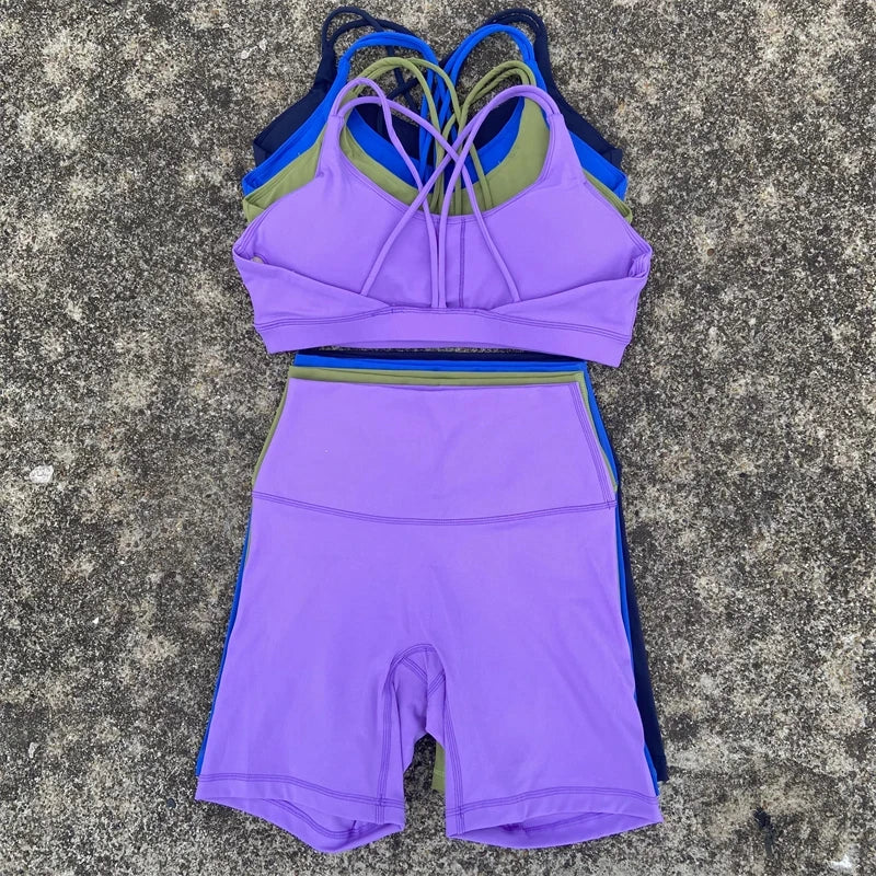 Solid Color Yoga & Gym Set – Cross Back Sports Bra with Short Leggings