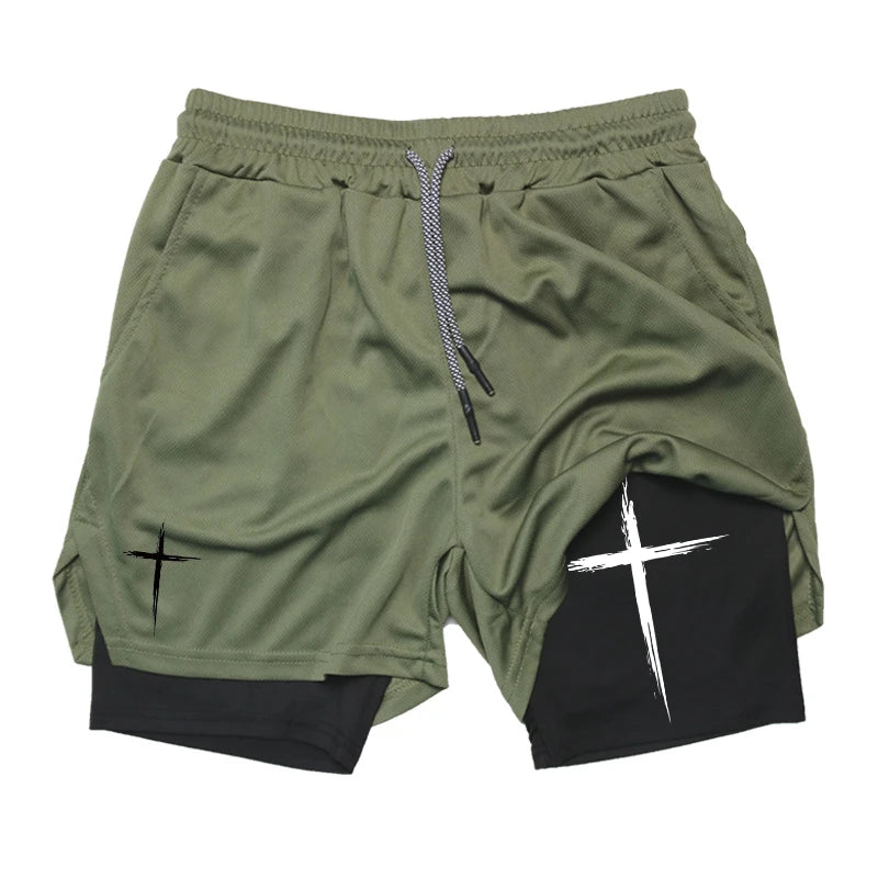 Men’s 2-in-1 Cross Print Performance Shorts – Quick-Dry with Phone Pocket
