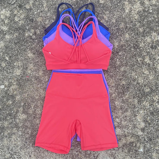 Solid Color Yoga & Gym Set – Cross Back Sports Bra with Short Leggings