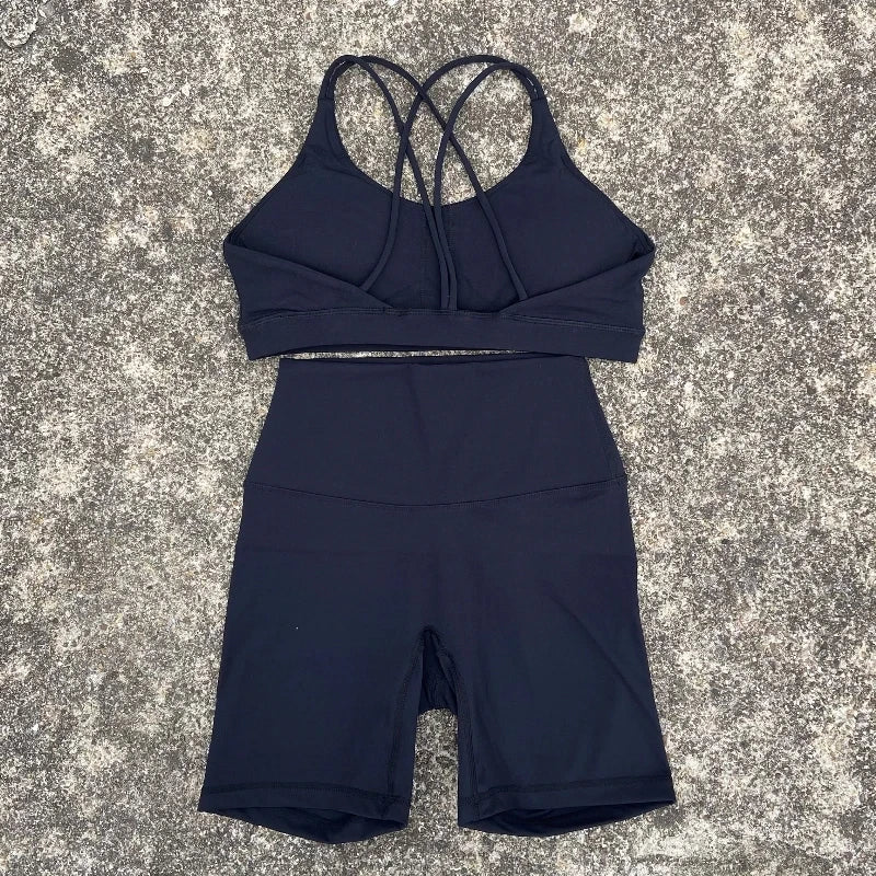 Solid Color Yoga & Gym Set – Cross Back Sports Bra with Short Leggings
