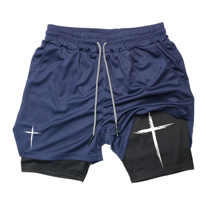 Men’s 2-in-1 Cross Print Performance Shorts – Quick-Dry with Phone Pocket