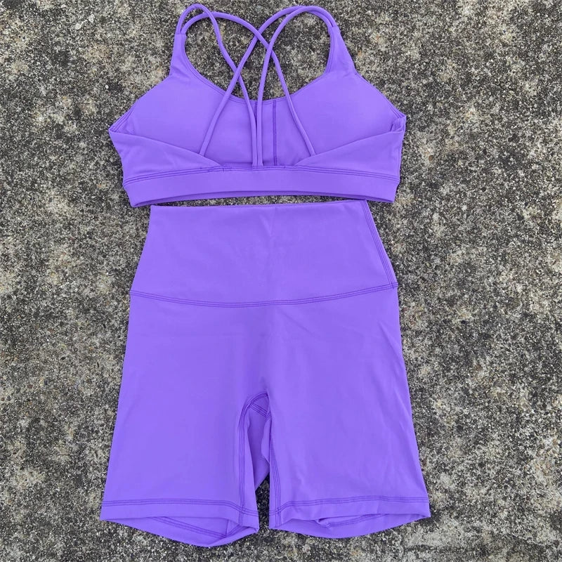 Solid Color Yoga & Gym Set – Cross Back Sports Bra with Short Leggings